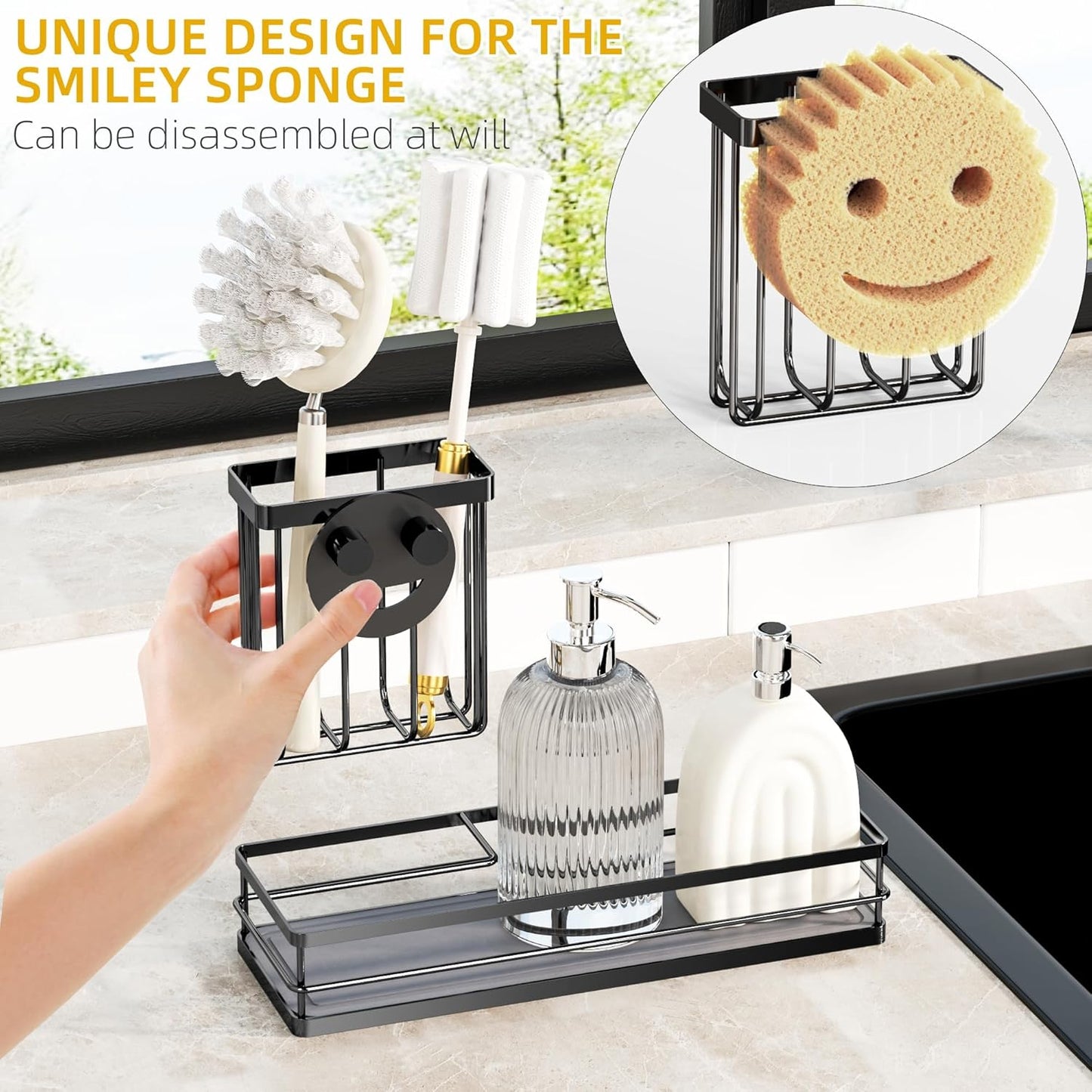 Sink Caddy Organizer with Water Absorbing Stone Tray, Instant Dry Sponge Holder Smiley Face
