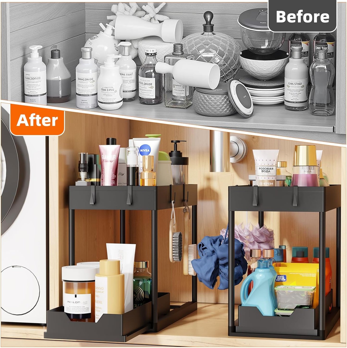 Under Sink Organizer 2 Pack, Sink Pull-Out Sliding Storage Cabinet