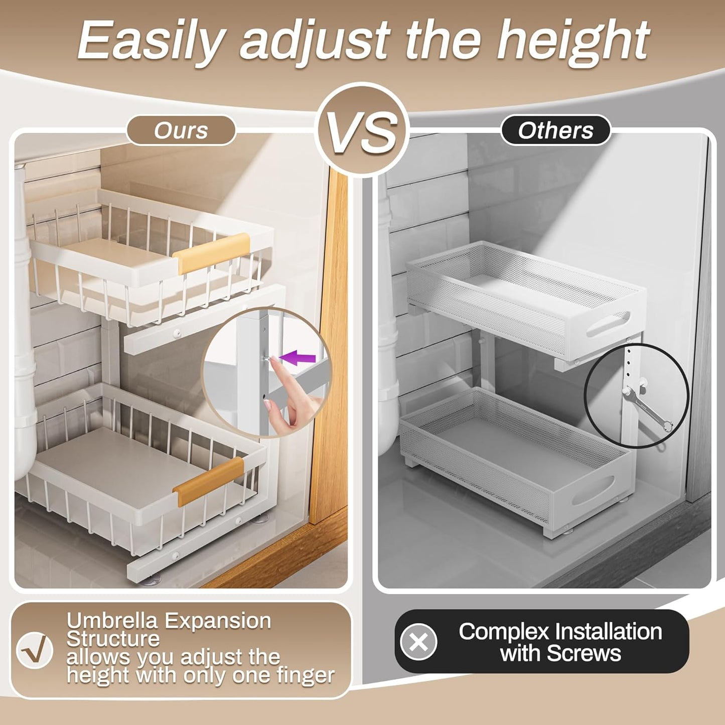 Under Sink Organizer 2 Pack, Adjustable Height (11"-15.75") Under Cabinet Storage
