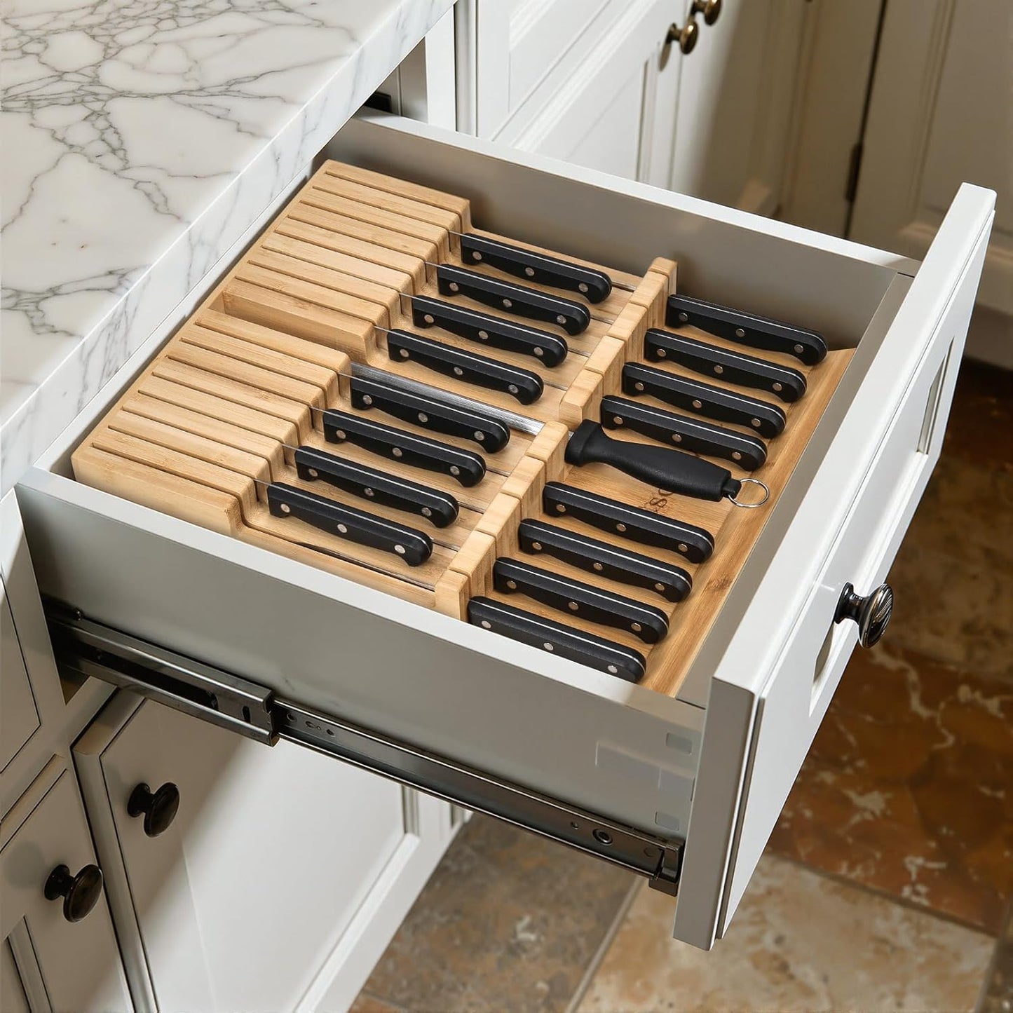 18PCS Bamboo In-Drawer Knife Block Organizer Set with Steak & Paring Knives