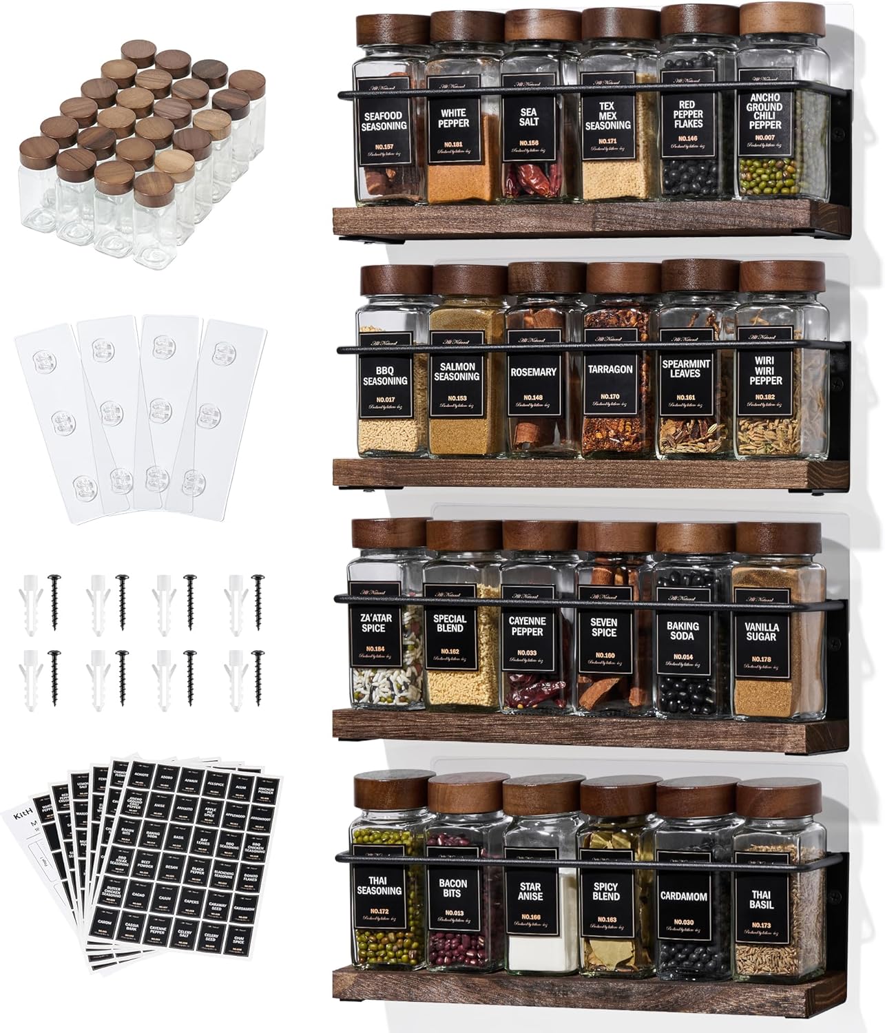 4-Tier Wall Mount Spice Rack Organizer with 24 Glass Jars