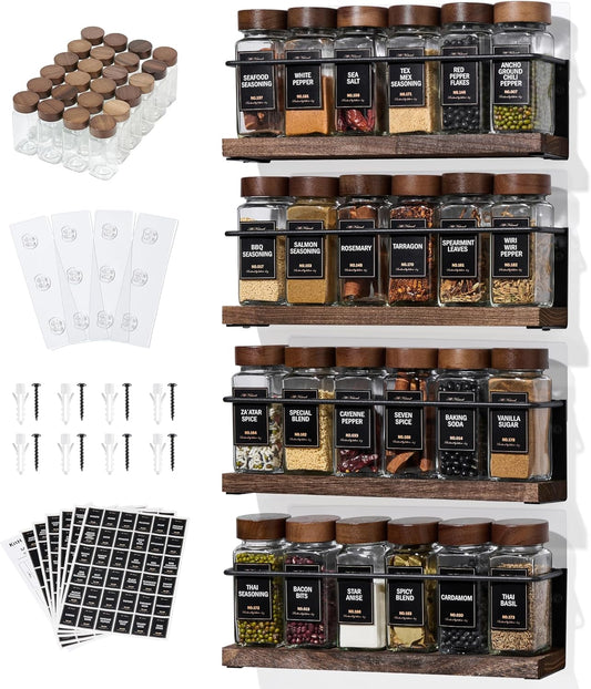4-Tier Wall Mount Spice Rack Organizer with 24 Glass Jars
