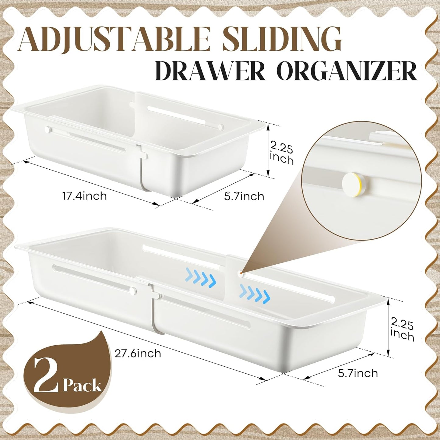 2 Pack Deep Drawer Organizer Bins, Sliding Drawer Organizer Bin Expandable and Adjustable Tray for Kitchen Utensils, BBQ Tools, Towels, Durable Plastic Sliding for Easy Storage(17.4-27.6")