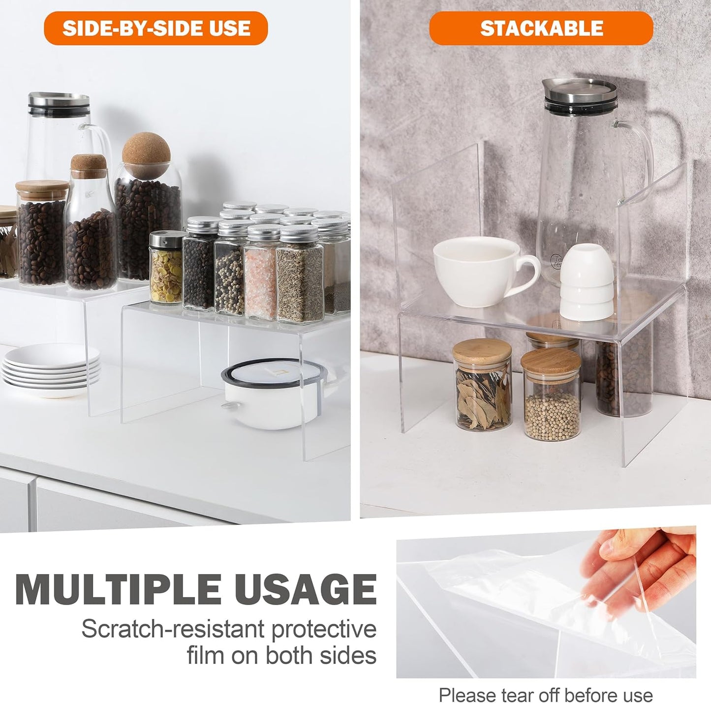 Acrylic Kitchen Cabinet Organizer Shelf, Spice Rack, Plate and Cupboard Storage Riser