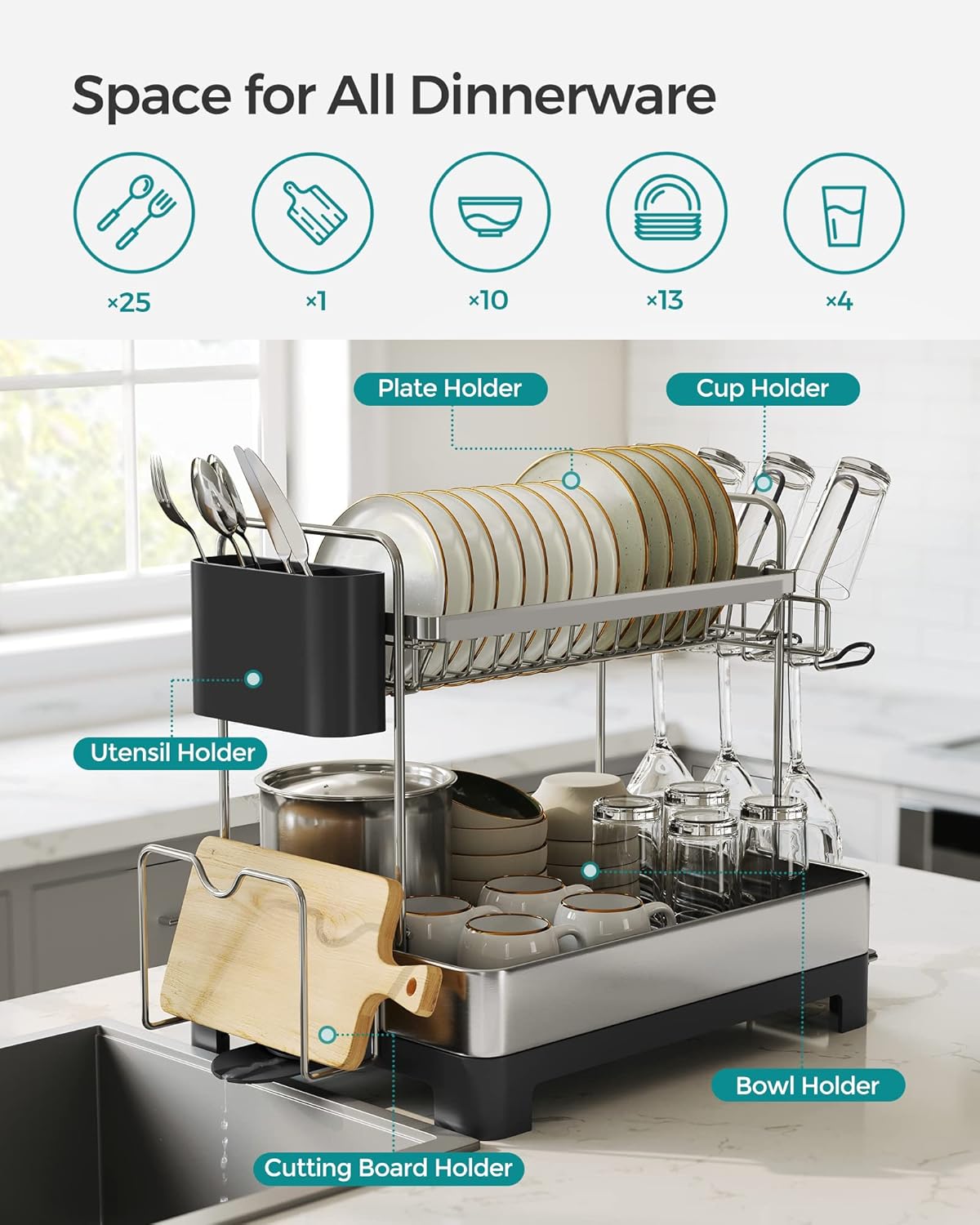 Dish Drying Rack - 2 Tier Dish Rack for Kitchen Counter with Rotatable and Extendable Drain Spout