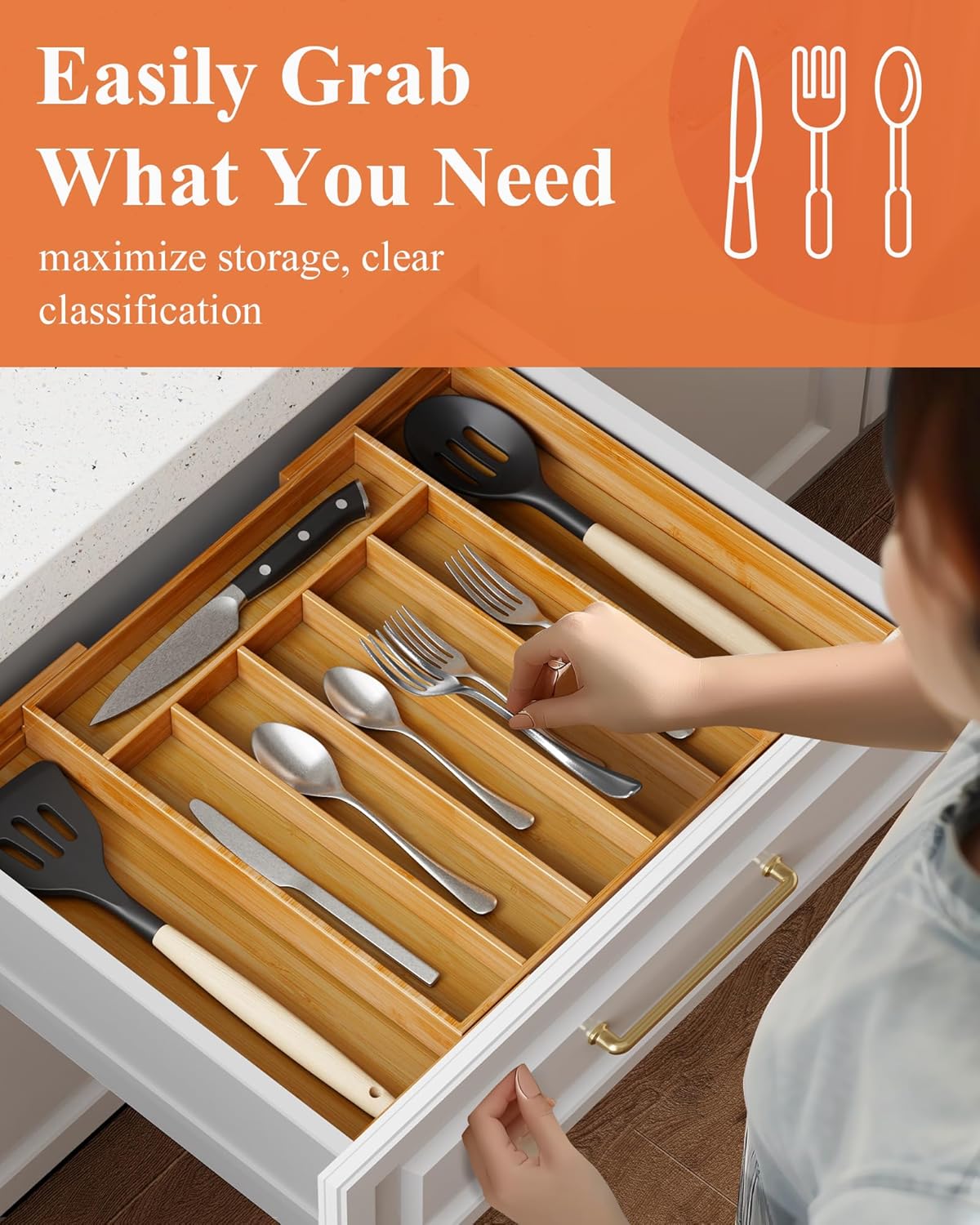 Large Bamboo Silverware Organizer - Expandable Drawer Organizer for Utensil, Cutlery and Flatware