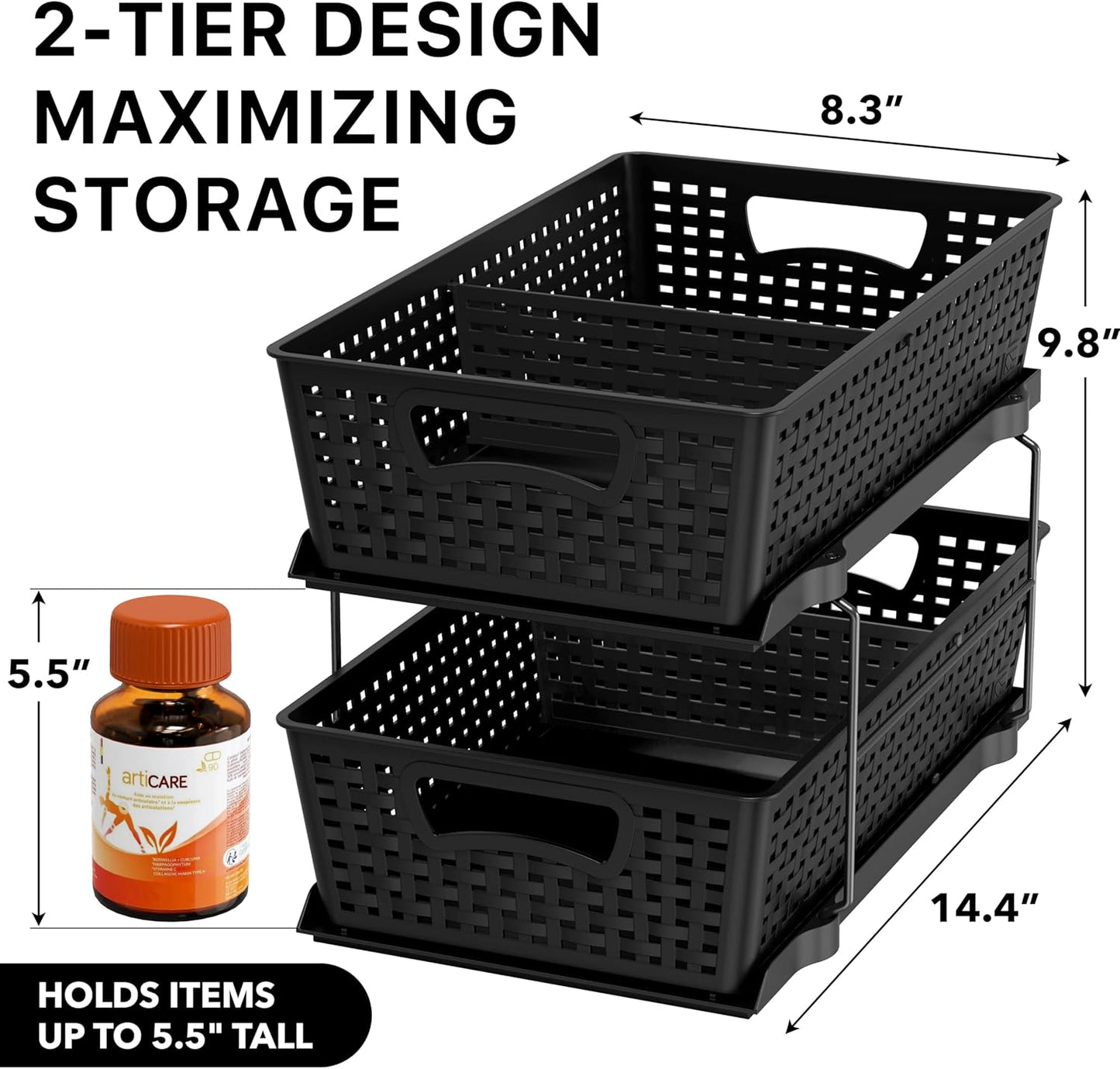 2 Tier Bathroom Organizer Tray Pull-Out Sliding Drawer, Under Sink Storage, Black