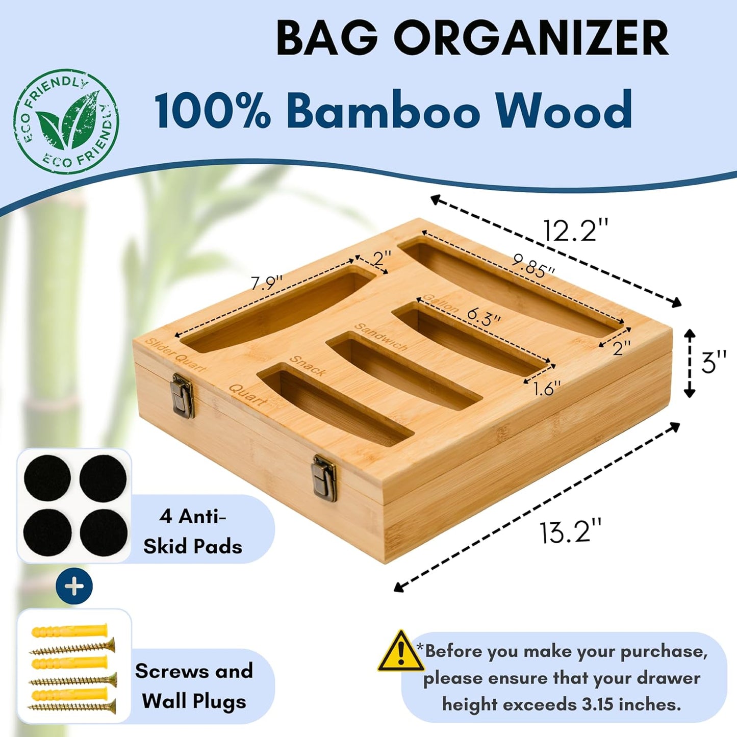 Storage Bag Holder, Baggie Organizer for Drawer or Wall Mount, Compatible with Gallon, Quart