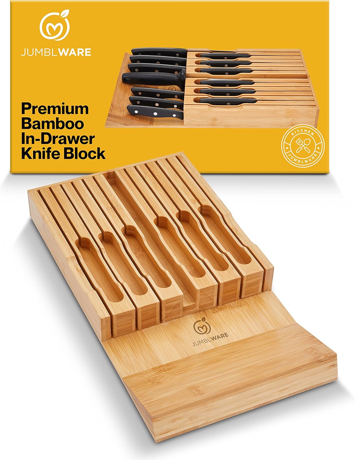 Bamboo In-Drawer Knife Block Wooden Organizer & Cutlery Holder Insert for Inside Drawer