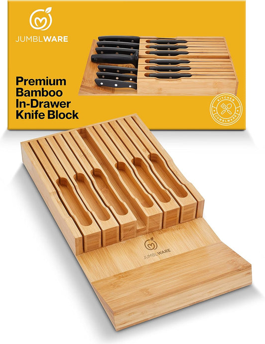 Bamboo In-Drawer Knife Block Wooden Organizer & Cutlery Holder Insert for Inside Drawer