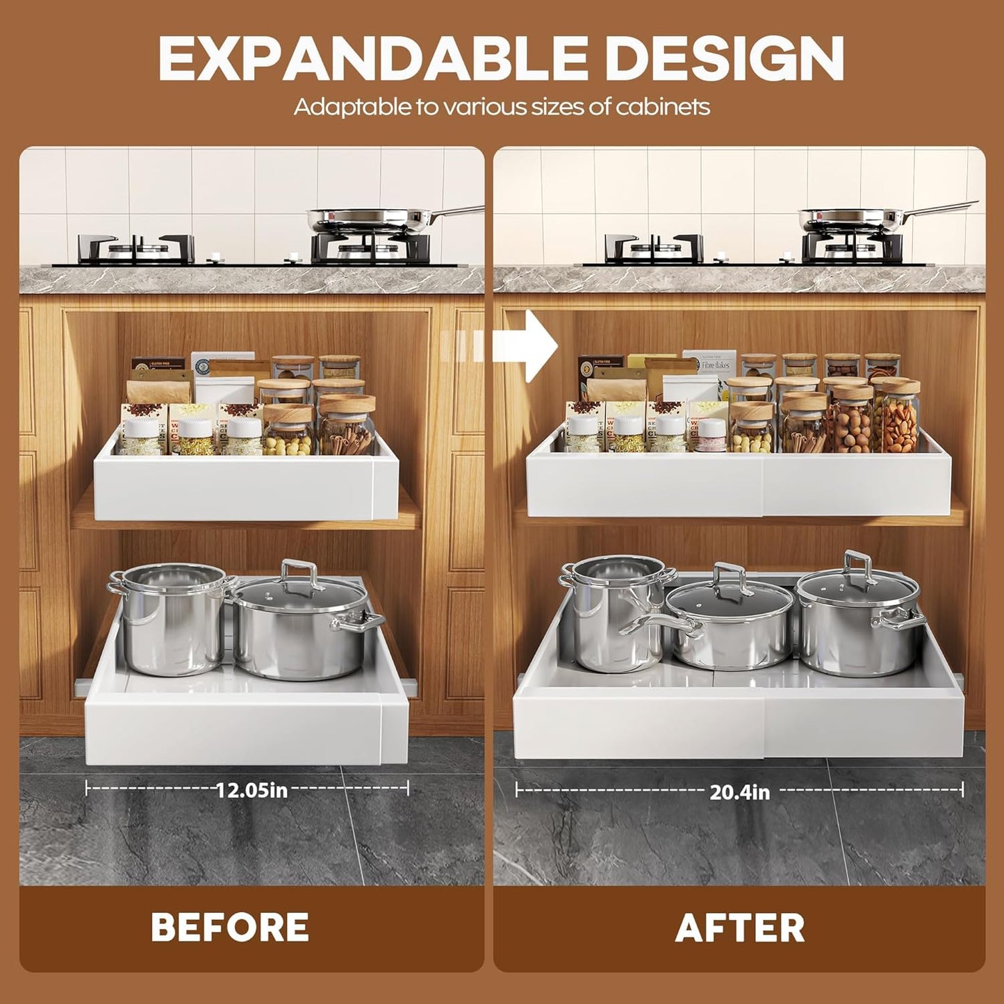 2Pack Expandable Pull Out Cabinet Organizer 21"Deep With Raising Pad for Framed Cabinets