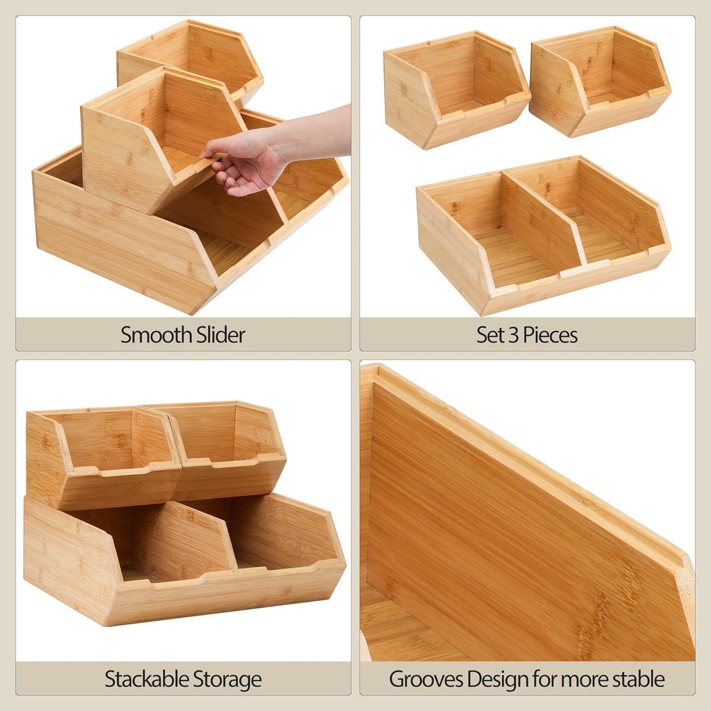 3 Pack Stackable Bamboo Potato Onion Storage Bins - Pantry Organizers for Kitchen Countertop