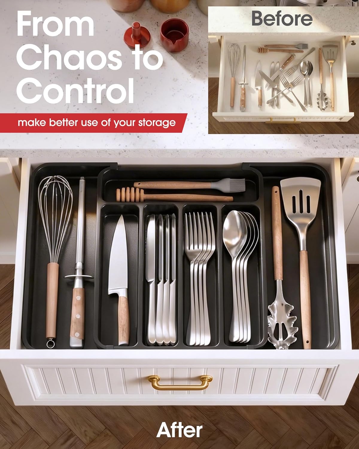 Silverware Organizer - Expandable Kitchen Drawer Organizer, Adjustable Utensil Organizer
