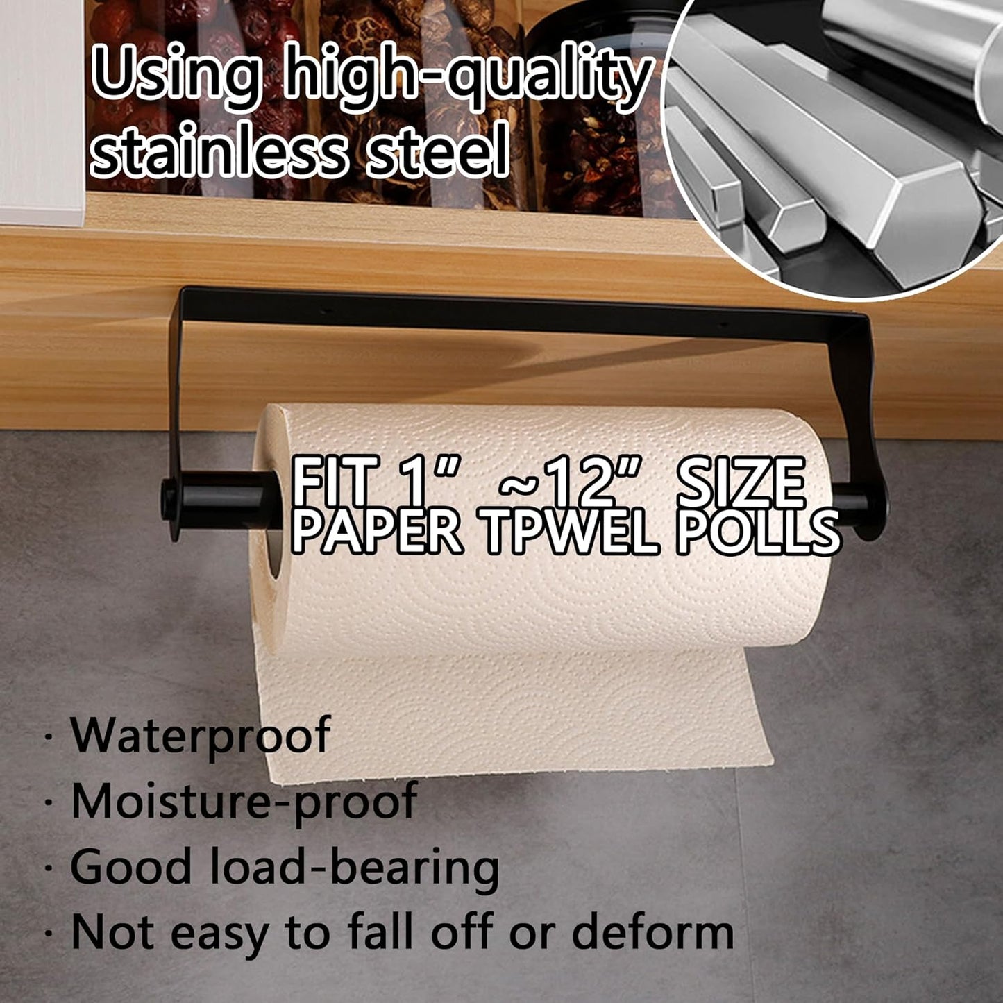 Paper Towel Holder, Black Stainless Steel Under Cabinet Wall Mount