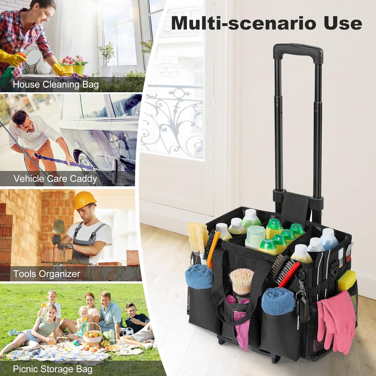 Rolling Cleaning Caddy Bag with Detachable Trolley