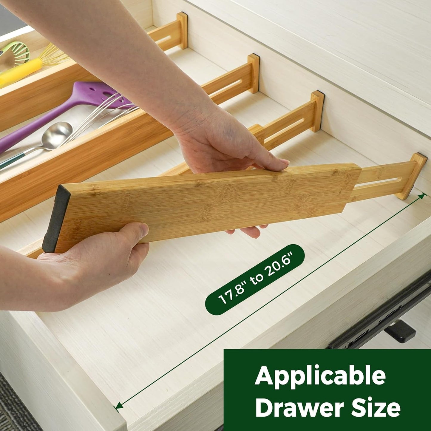 4 pcs Bamboo Kitchen Drawer Dividers Large, Adjustable Drawer Organizers, Spring Loaded