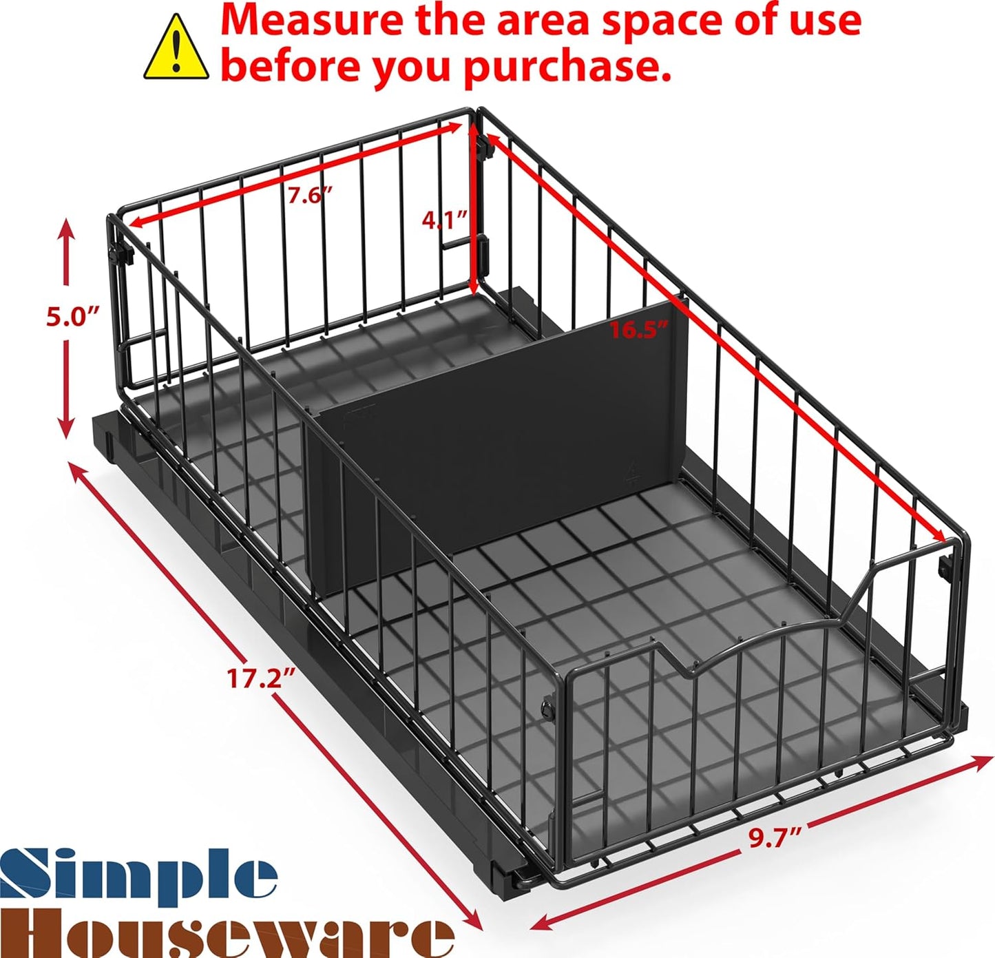 Pull-Out Cabinet Sliding Basket Organizer, 17.2" D x 9.7" W x 5" H – Black