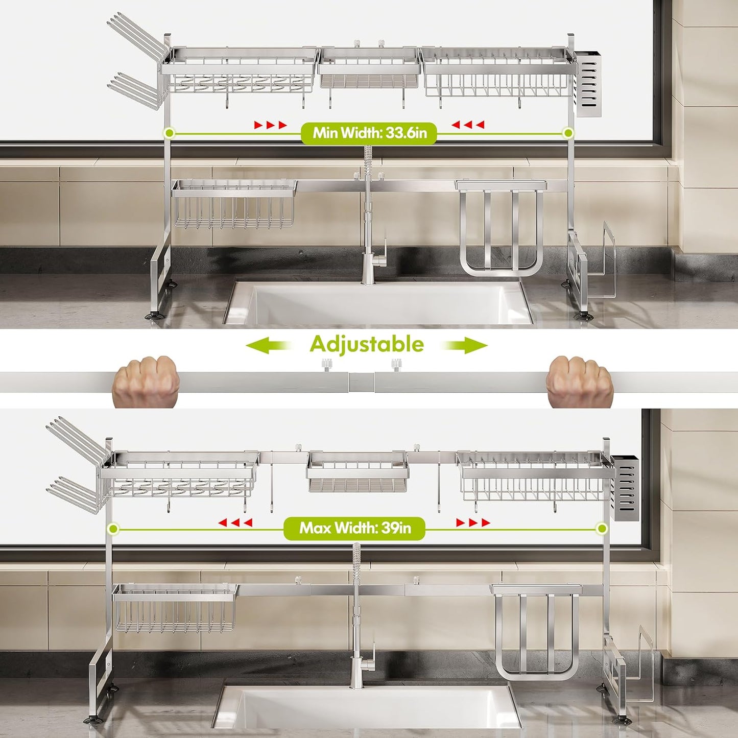 2 Tier Extra Large Stainless Steel Expandable Over The Sink Dish Drainer Drying Rack