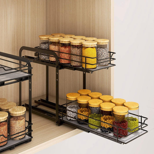 Spice Rack Organizer for Cabinet, 2 Tier Pull Out Spice Organizer for Cabinet Height Adjustable Heavy Duty Metal Basket for Inside Cabinets & Pantry Closet (5.5''Wx10.5''Dx9.5''H)