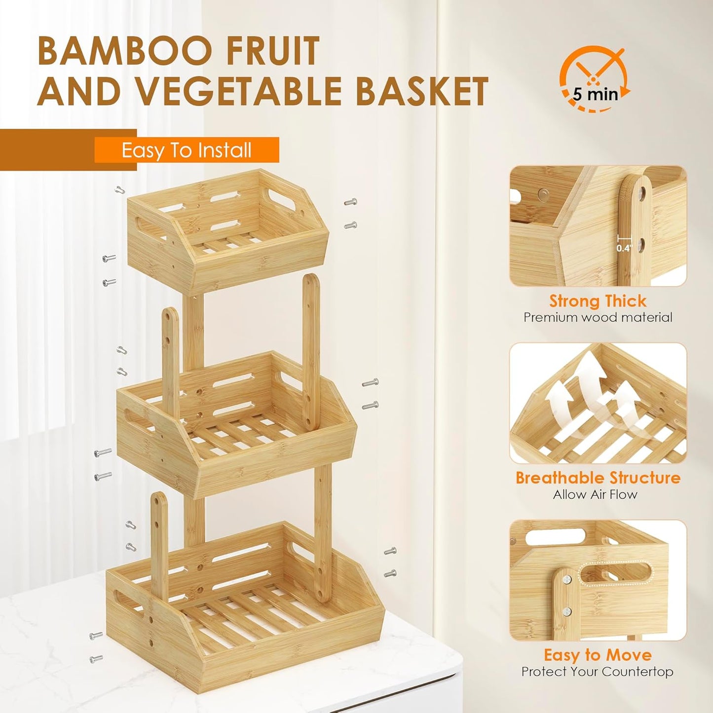 3 Tier Bamboo Fruit Basket, Fruit Basket for Kitchen Counter Fruit Bowl Fruit and Vegetable Storage, Fruit Bowl for Onion Potato Bread Snack Organizer and Kitchen Decor