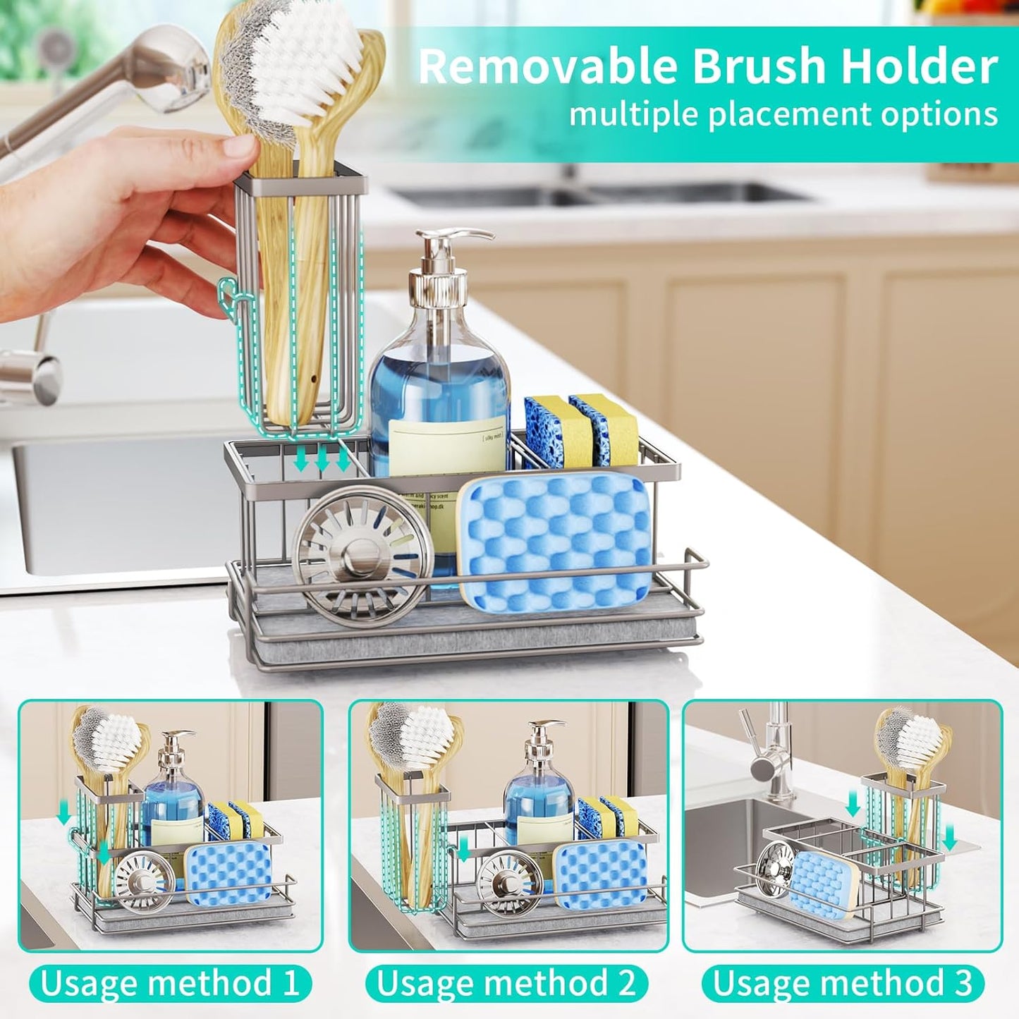 Sink Caddy Sponge Holder - Kitchen Sink Organizer with Instant Drying Stone and Brush Holder