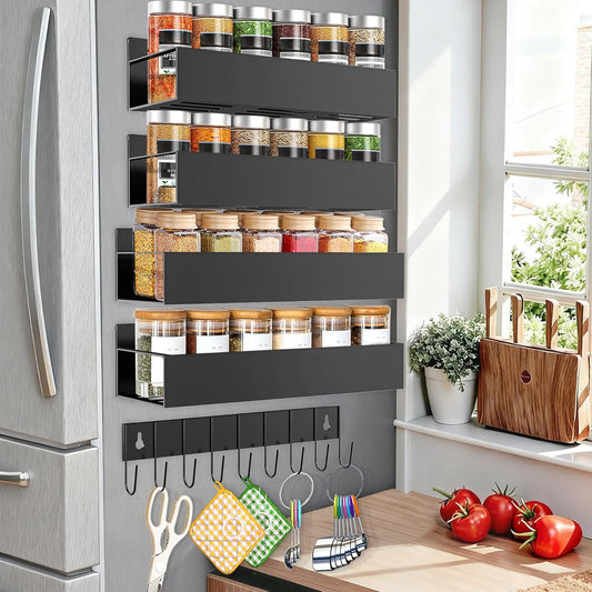 Magnetic Spice Rack for Refrigerator Seasoning Organizer for Spice Fridge Shelf storage Magnetic Shelf with Hook for Oven (BLACK, 5pack)