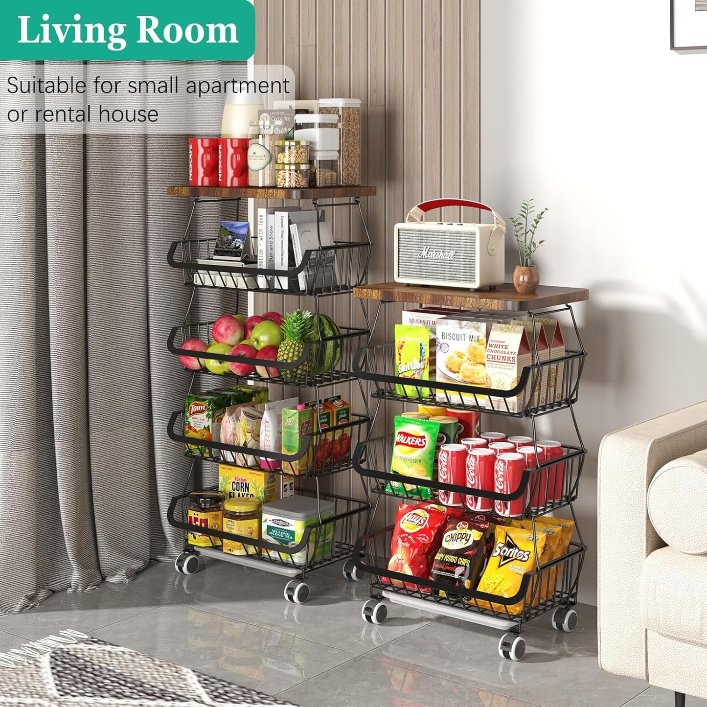 Fruit Basket with Wooden Lid for Kitchen, 4-Tier Stackable Wire Fruit Vegetable Storage Basket Organizer Stand on Wheel, Produce Basket Potato Onion Storage Bins Rack Cart for Pantry