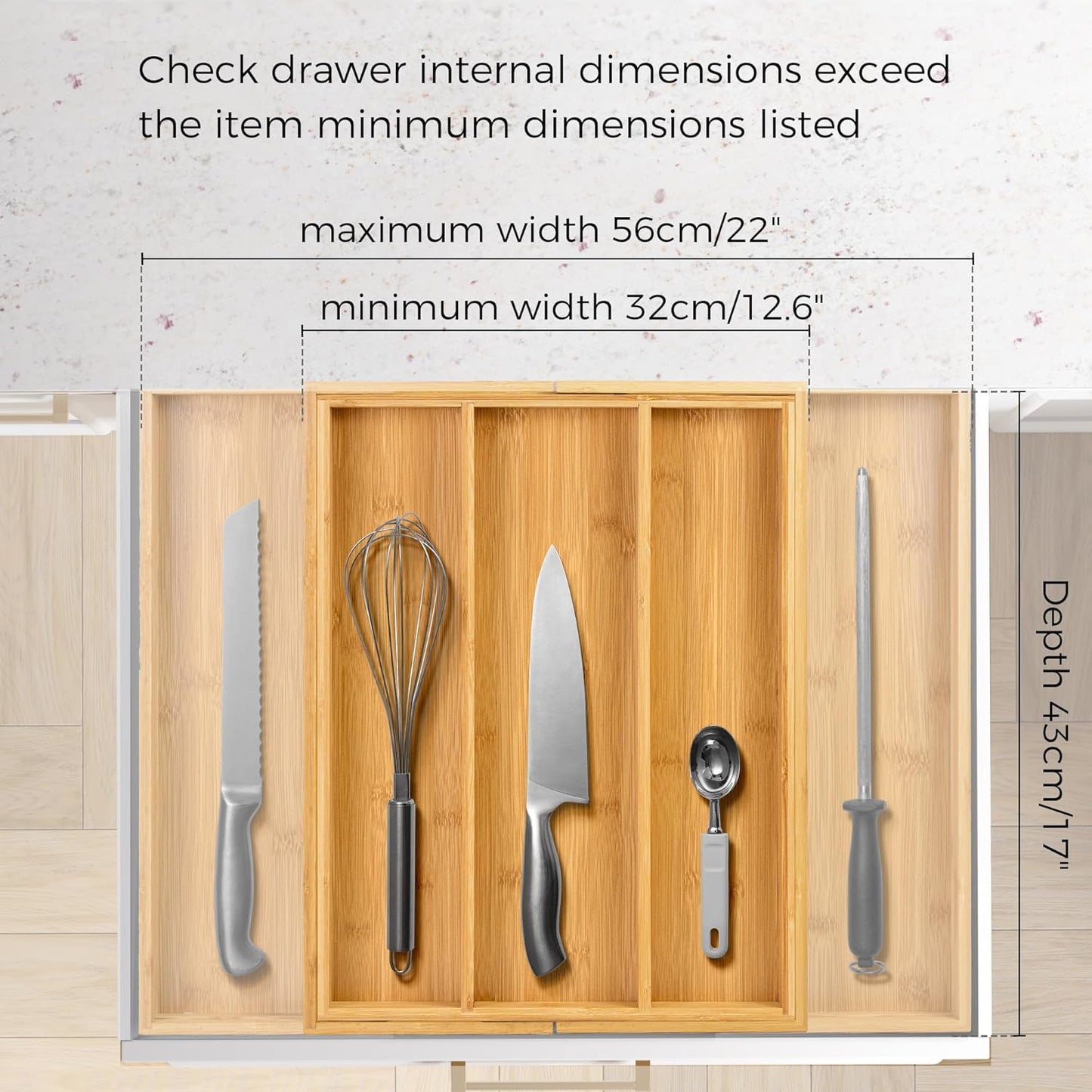 Bamboo Expandable Kitchen Drawer Organizer, Adjustable Utensil Holder and Cutlery Tray Organiser