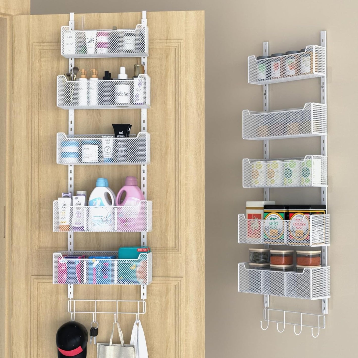 Over The Door Organizer, Metal Door Organizer Hanging with 5 Adjustable Baskets and Coat Hook