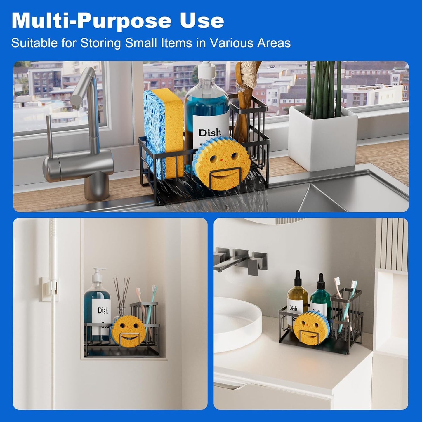 Sponge Holder for Kitchen Sink with Self Tray, Sink Caddy Cocina Organzier with Brush Holder