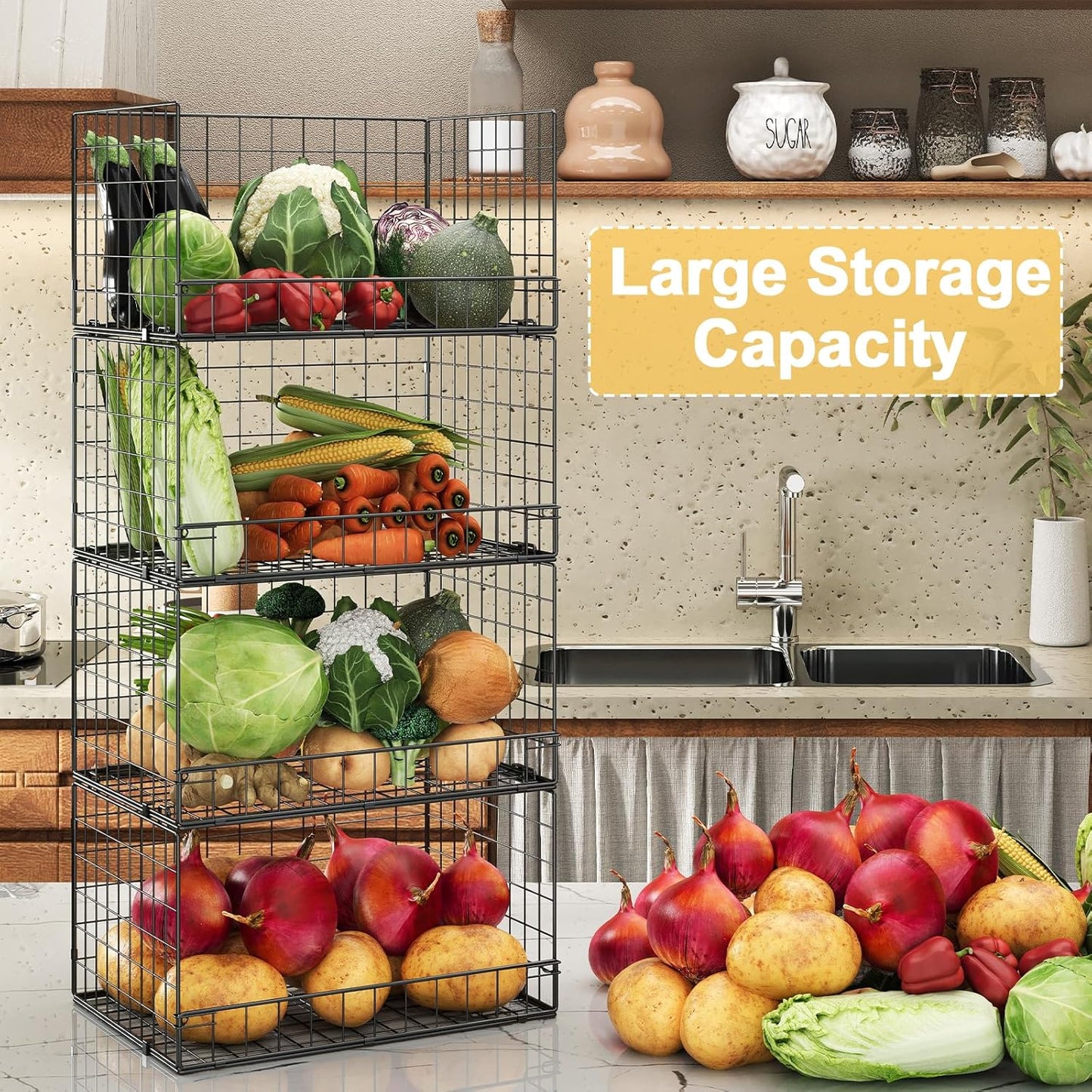 4 Pack Stackable Wire Baskets for Pantry Organizers and Storage