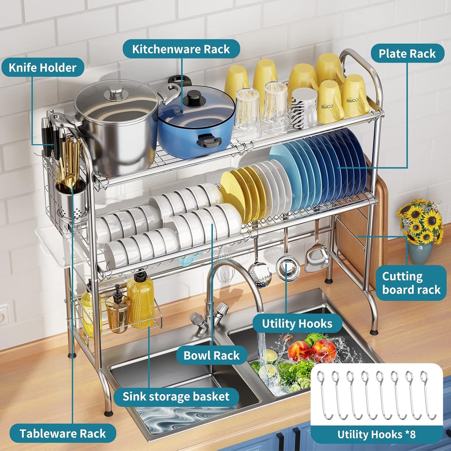 Stainless Steel 2-Tier Over The Sink Dish Drying Rack with Utensil Holder, Large