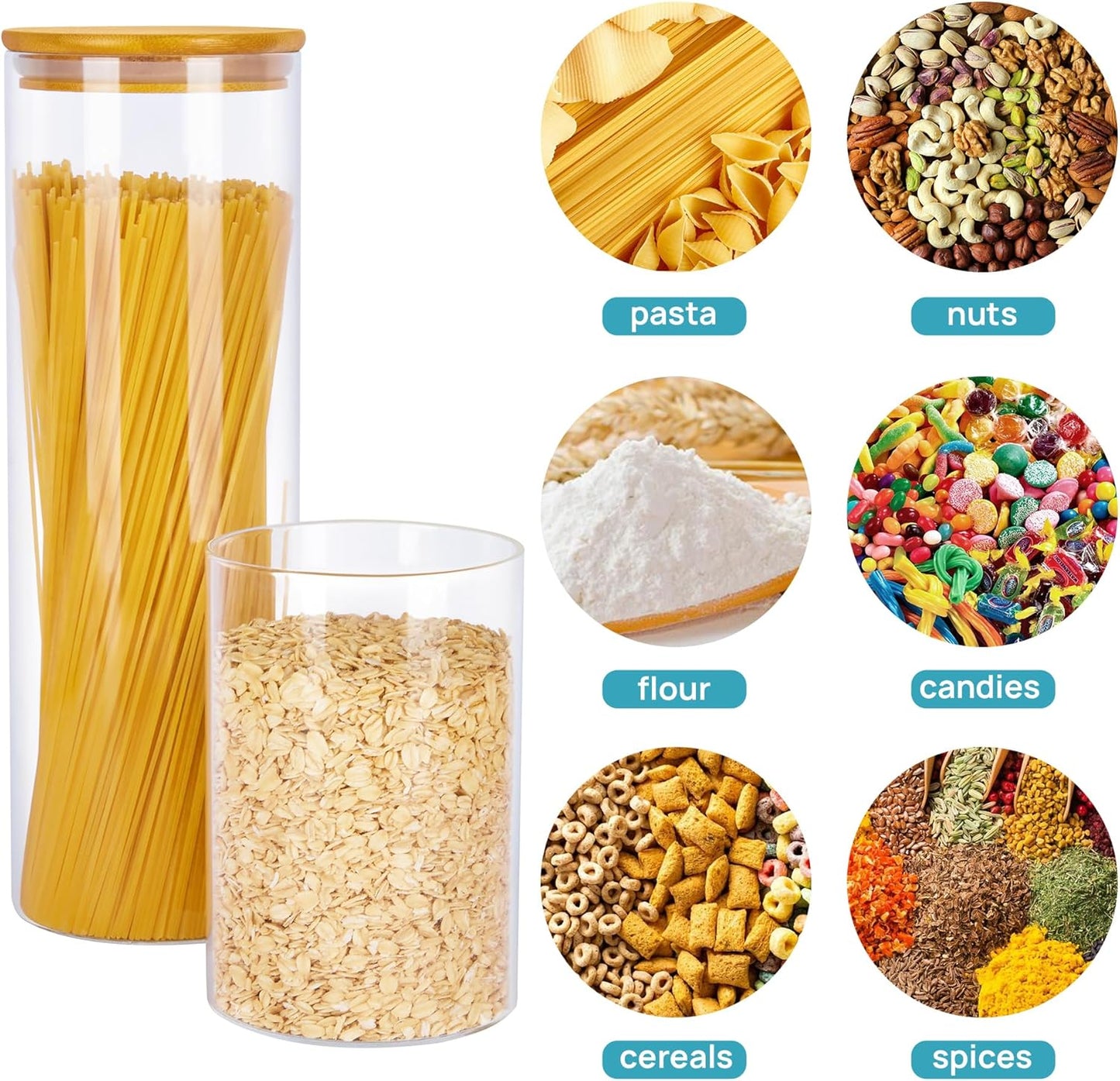 Glass Food Storage Jars, 7 Pack Kitchen Containers with Airtight Bamboo Wooden Lids for Pasta