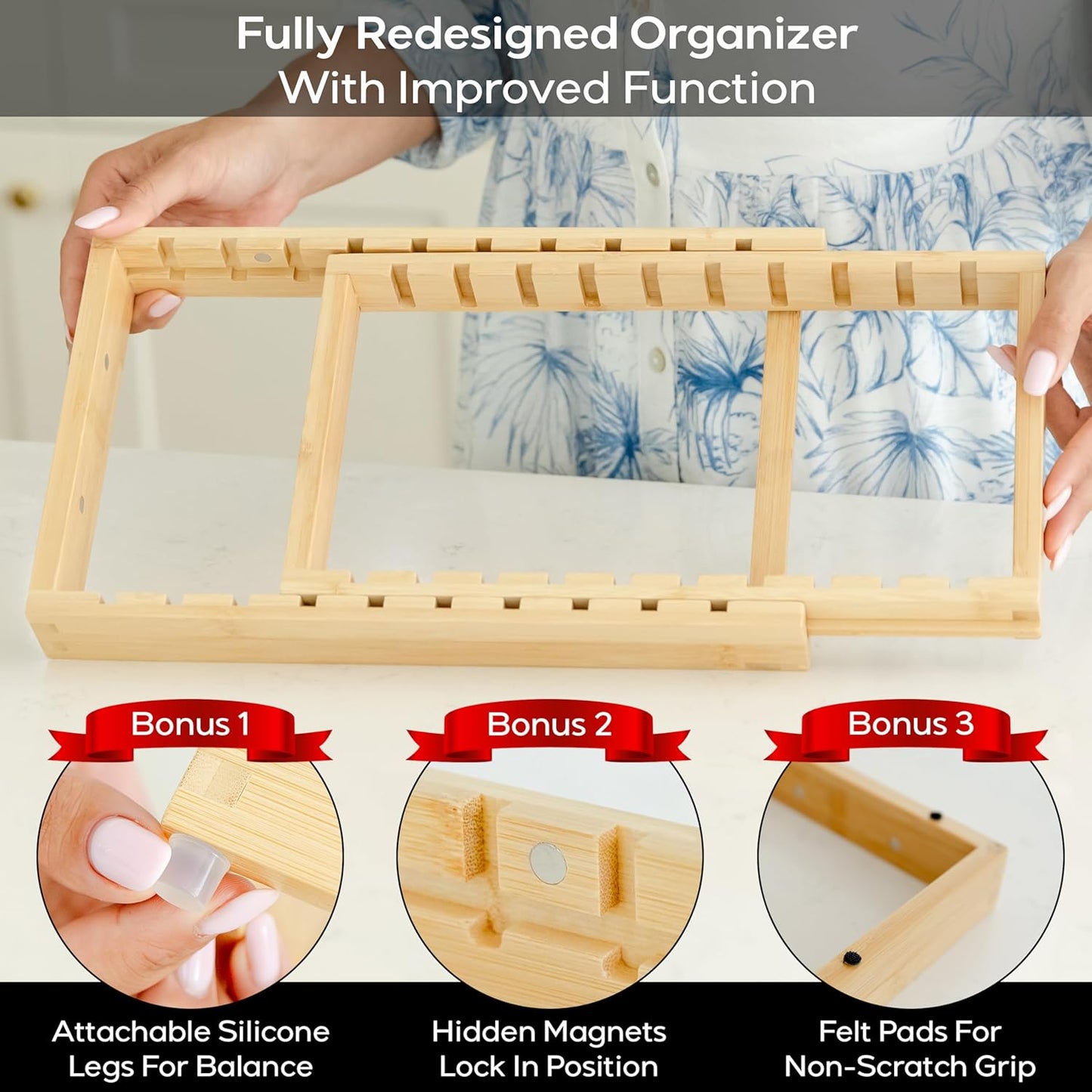 Pot and Pan Organizer for Under Cabinet – Bamboo Pot Lid Organizer for Cabinet with Magnetic Lock