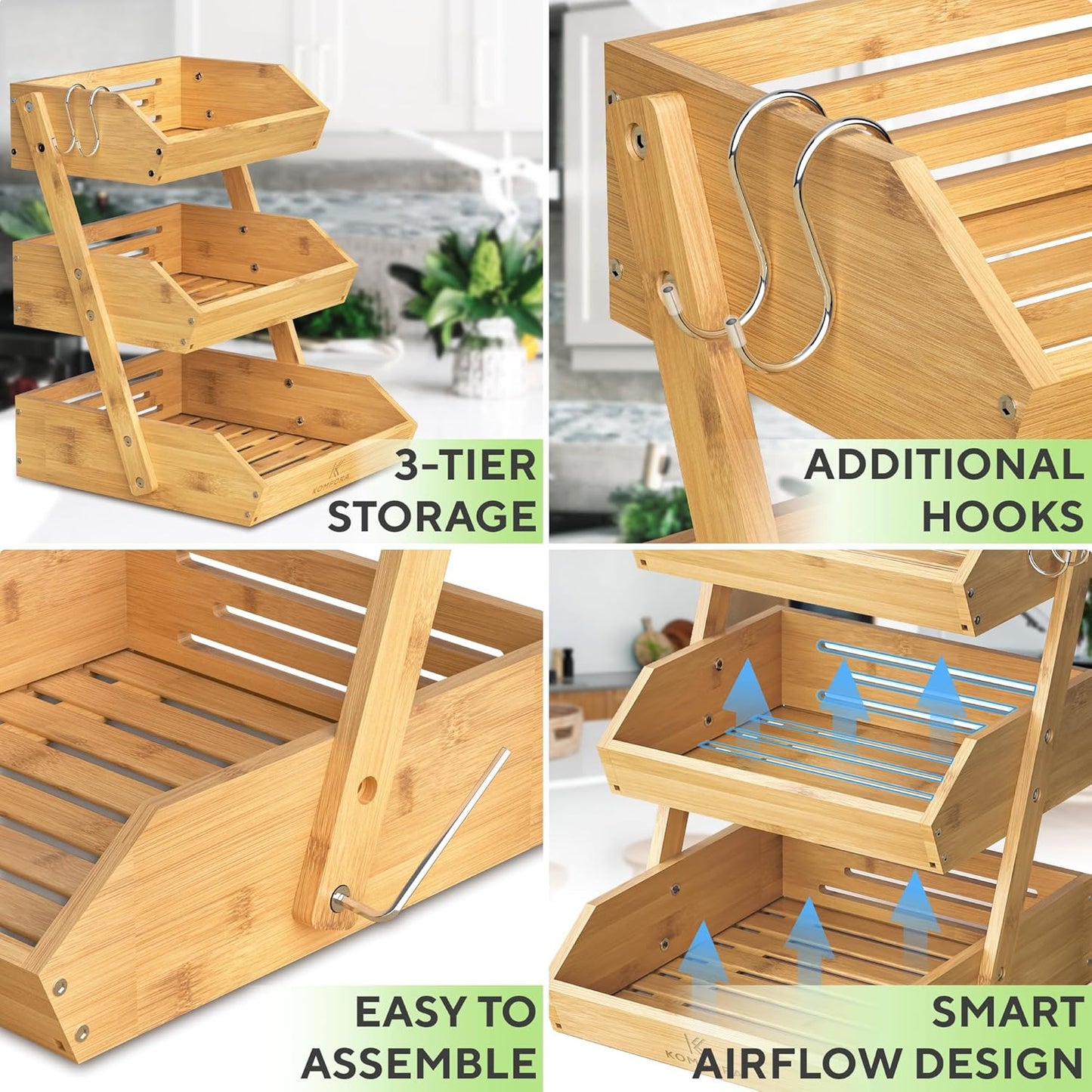 Bamboo Fruit Basket 3-Tier - Premium Produce Basket for Kitchen w/ 2 Hangers