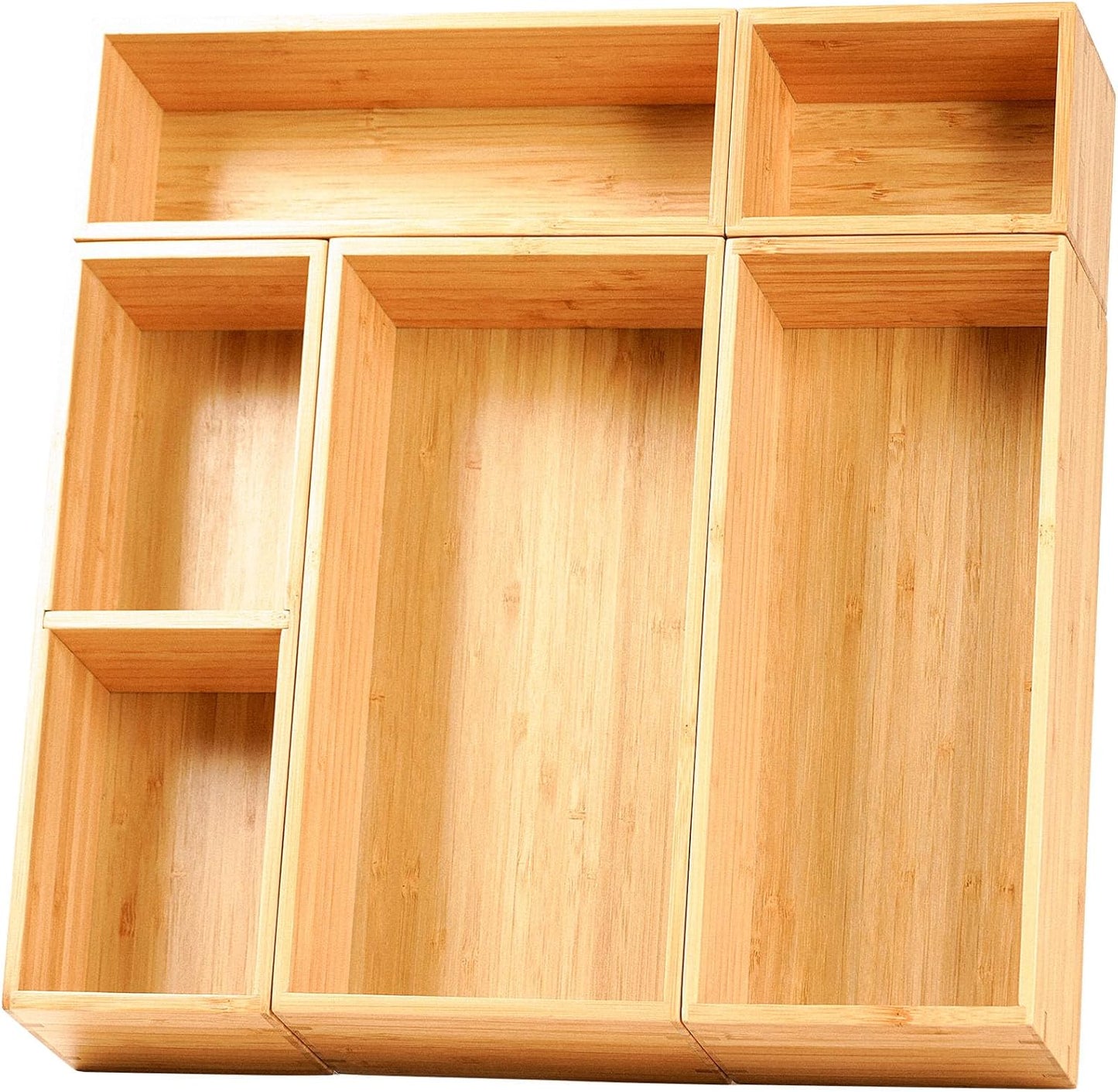 Drawer Organizer Storage Boxes, 2.5" High Bamboo Drawer Dividers, 5 Rearrangeable Bins for Kitchen