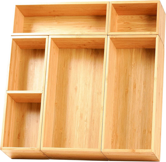 Drawer Organizer Storage Boxes, 2.5" High Bamboo Drawer Dividers, 5 Rearrangeable Bins for Kitchen