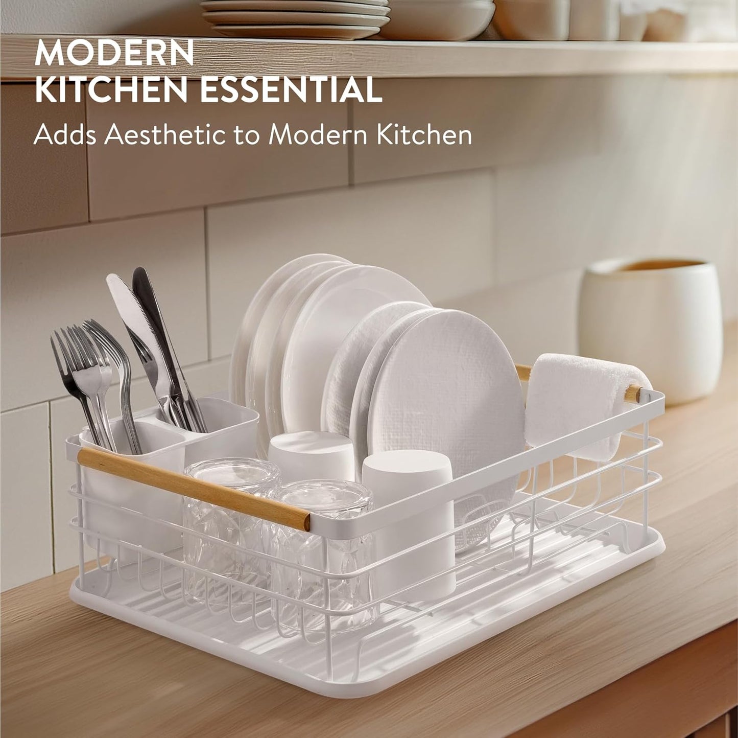 Dish Drainer Rack - Plate, Silverware, Pots and Pans - Dish Rack with Beechwood Handles