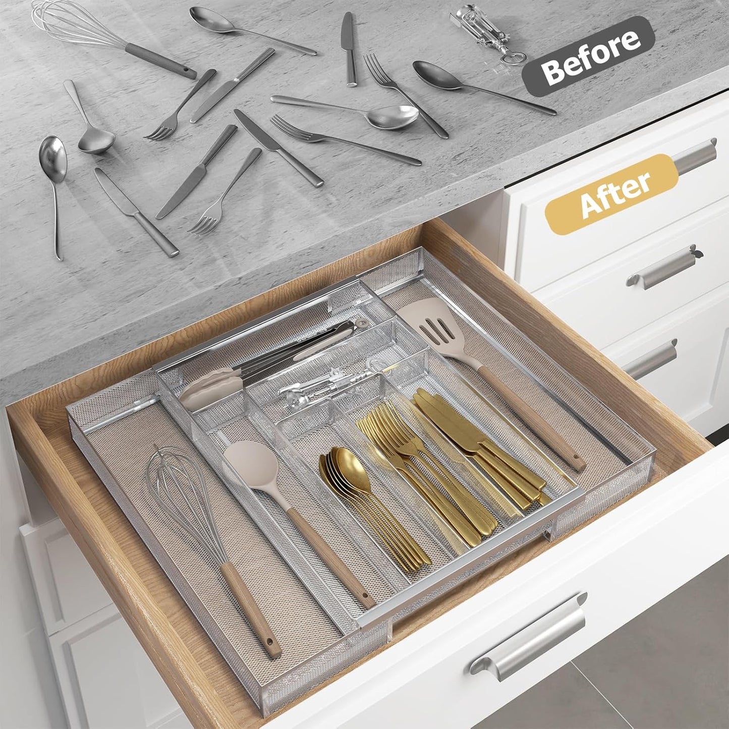 Silverware Organizer Metal Mesh, Large Drawer Organizer, Utensil Cutlery Tray for kitchen drawers