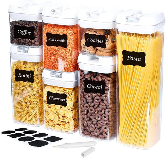 Airtight Food Storage Container Set, 7 Pieces Clear plastic cereal Canisters, easy lock Lids