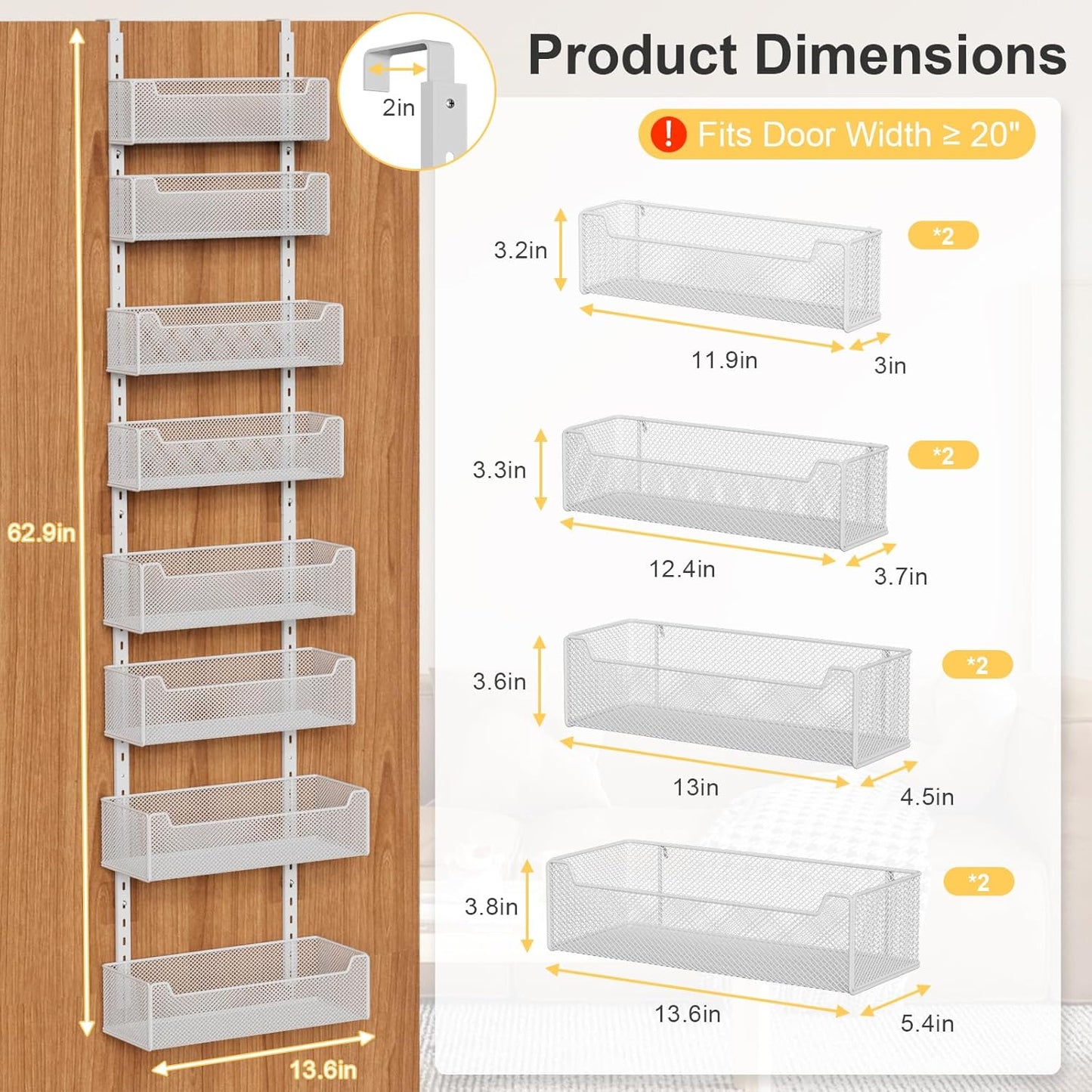 Over the Door Organizer, 8-Tier Pantry Organizer with Fully Enclosed Mesh Baskets