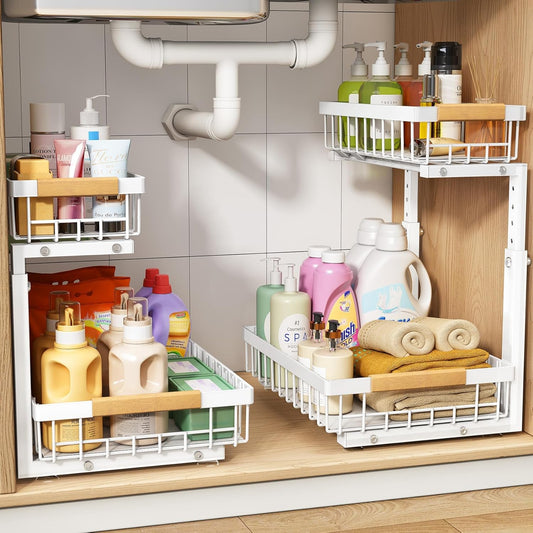 Under Sink Organizer, Adjustable Height, 2 Tier Pull Out Under Cabinet Organizer