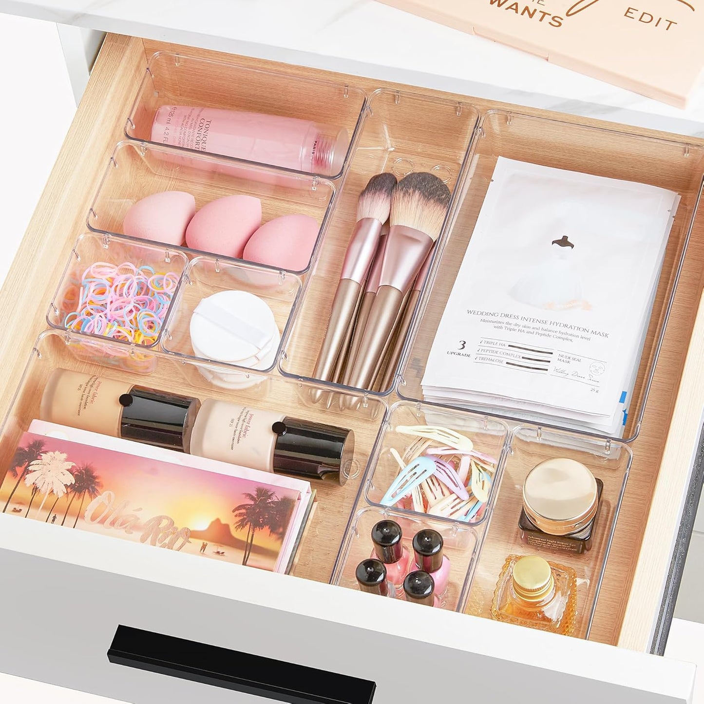 28 PCS Clear Plastic Drawer Organizers Set, 4-Size Bathroom and Vanity Drawer Organizer Trays