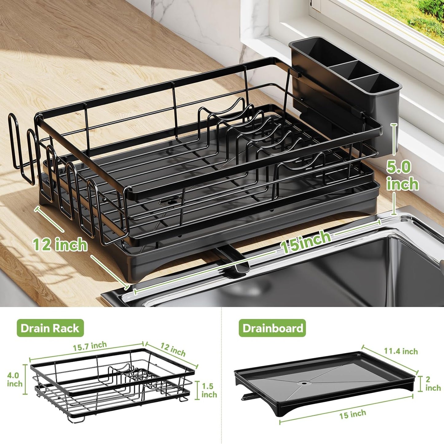 Dish Drying Rack for Kitchen Counter - Large Capacity Dish Drainer with Cutlery Holder & Drip Tray