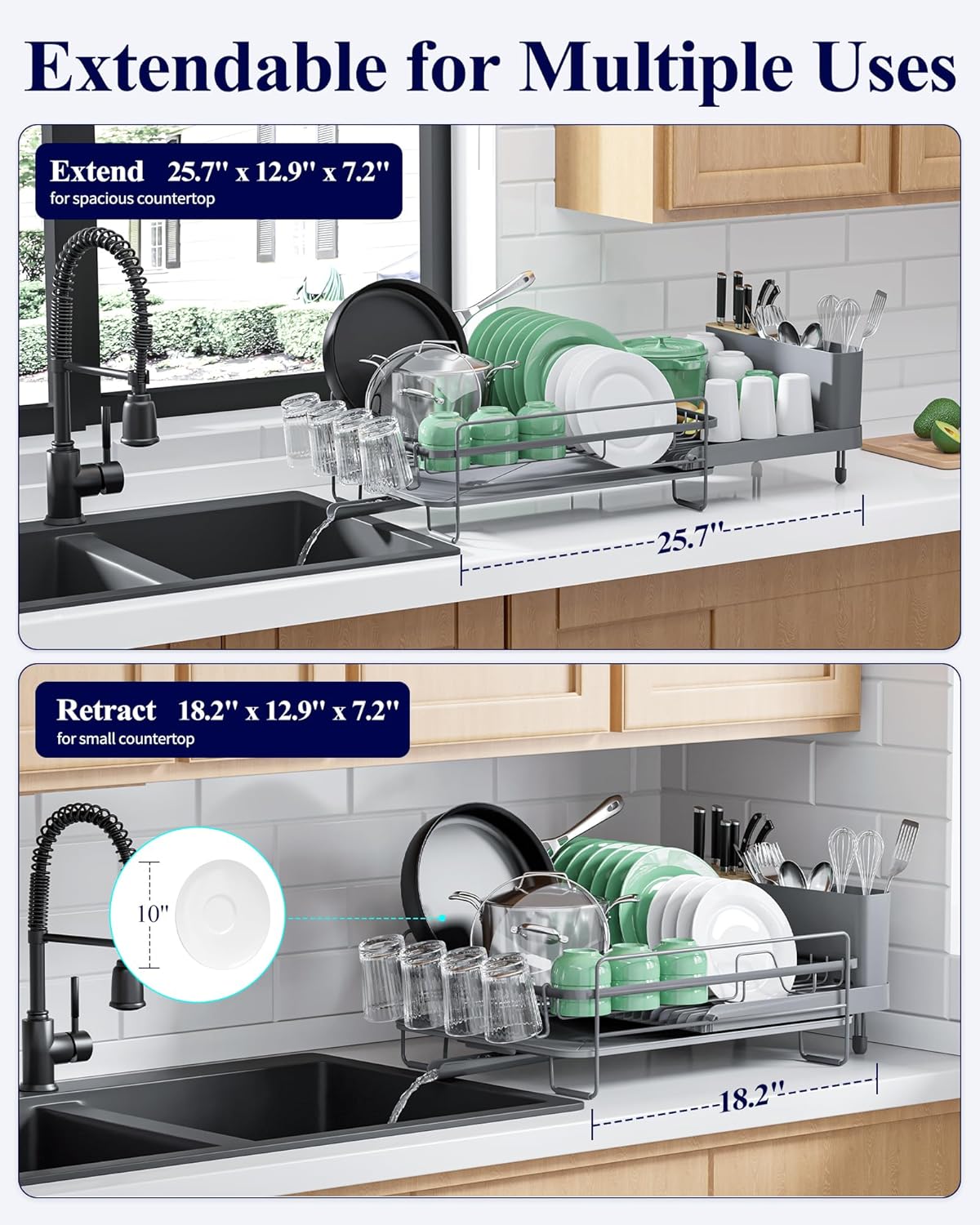 Extendable Dish Drying Rack, Large Drying Dish Rack with Cutlery & Cup Holders