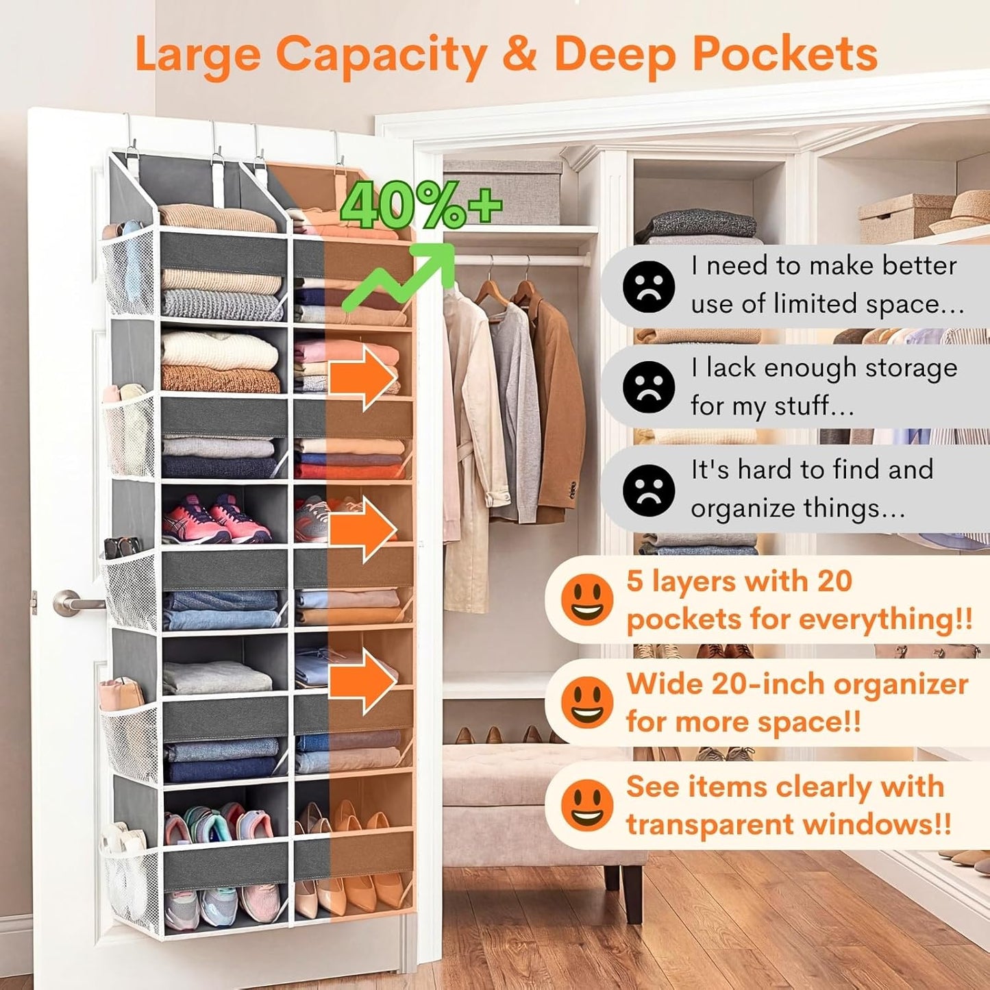 Over the Door Organizer 5 Tiers, Extra Large Behind Door Storage of 10 Compartments