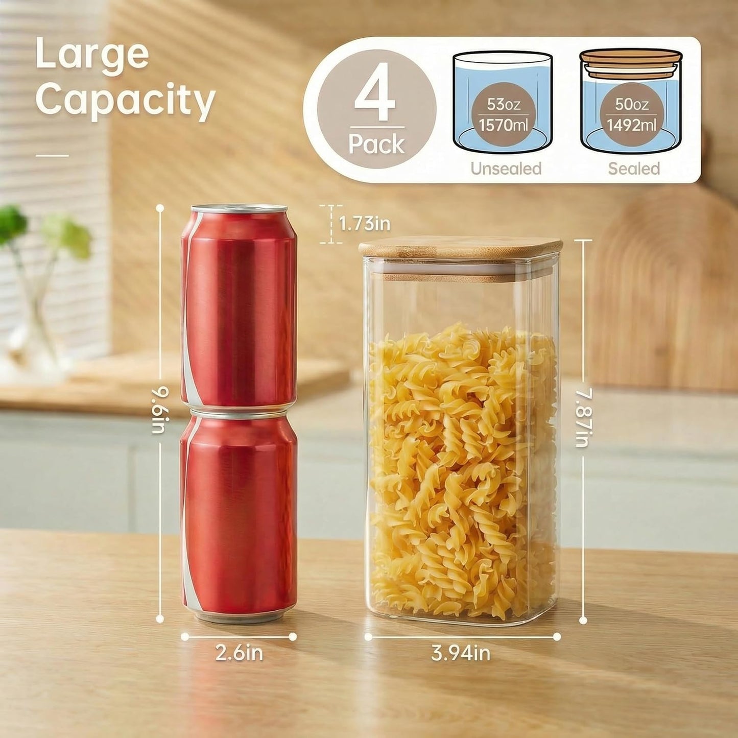 Square Glass Jars with Bamboo Lids 53 FL OZ [Set of 4], Glass Canisters with Airtight Lid