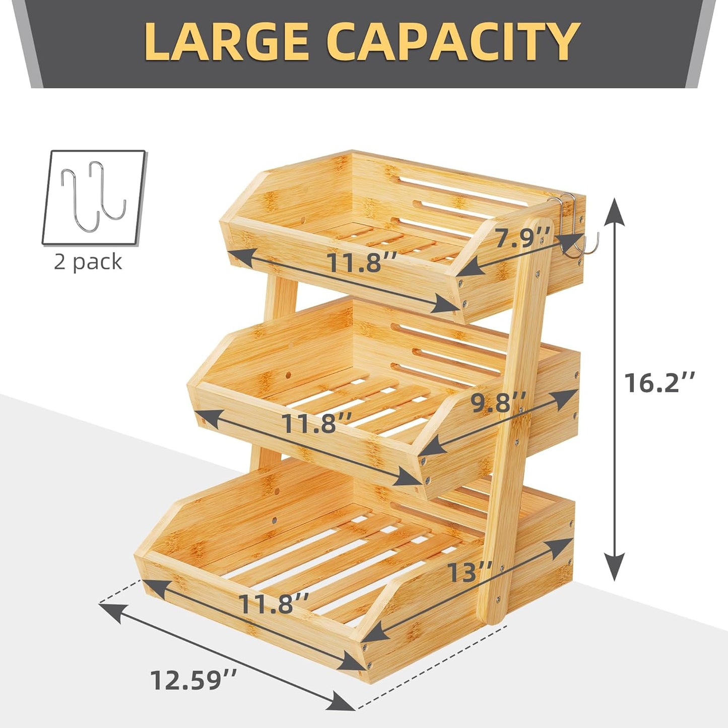 Bamboo 3 Tier Fruit Basket For Counter, Large Capacity Fruit Storage Countertop, Fruit Holder
