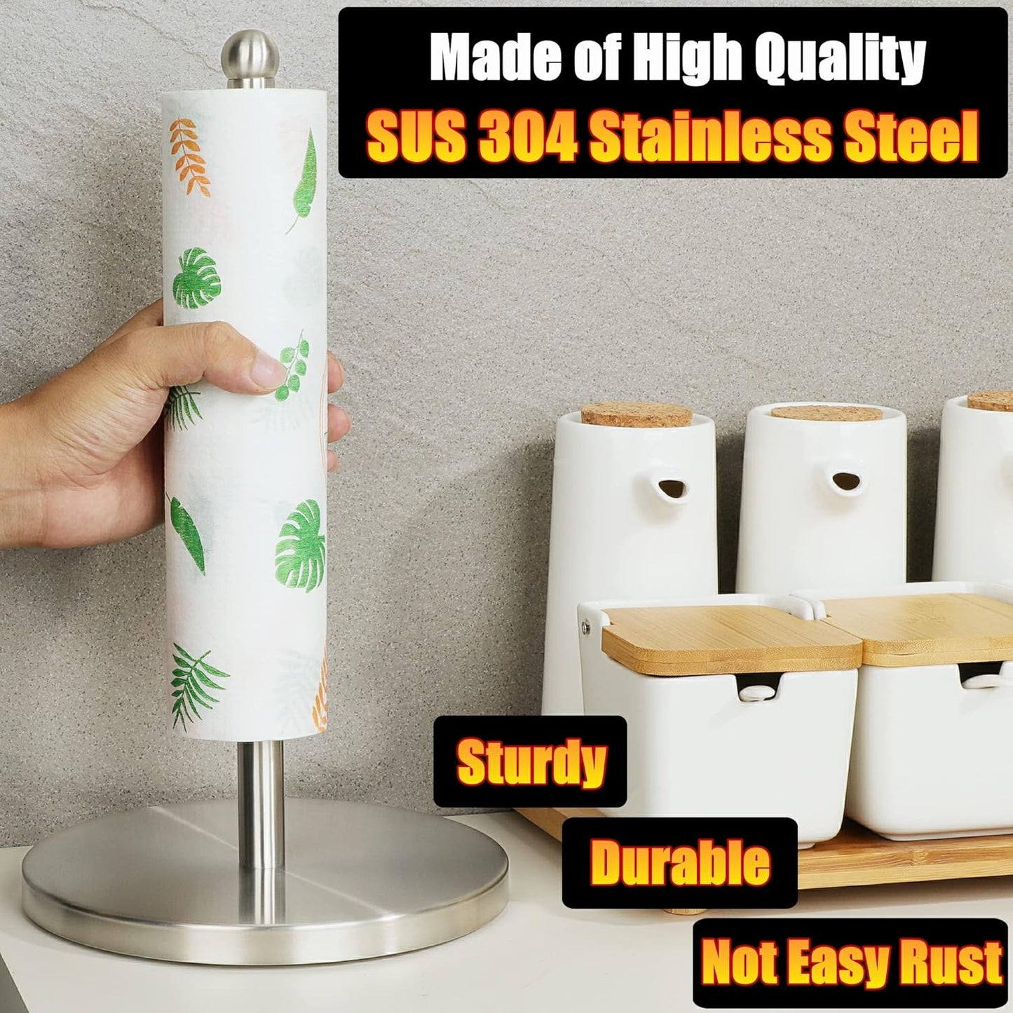 Paper Towel Holder,Standing Paper Towel Roll Holder for Standard or Mega Rolls,Paper Towel Stand for Kitchen Counter Bathroom Table,SUS304 Stainless Steel Brushed Nickel