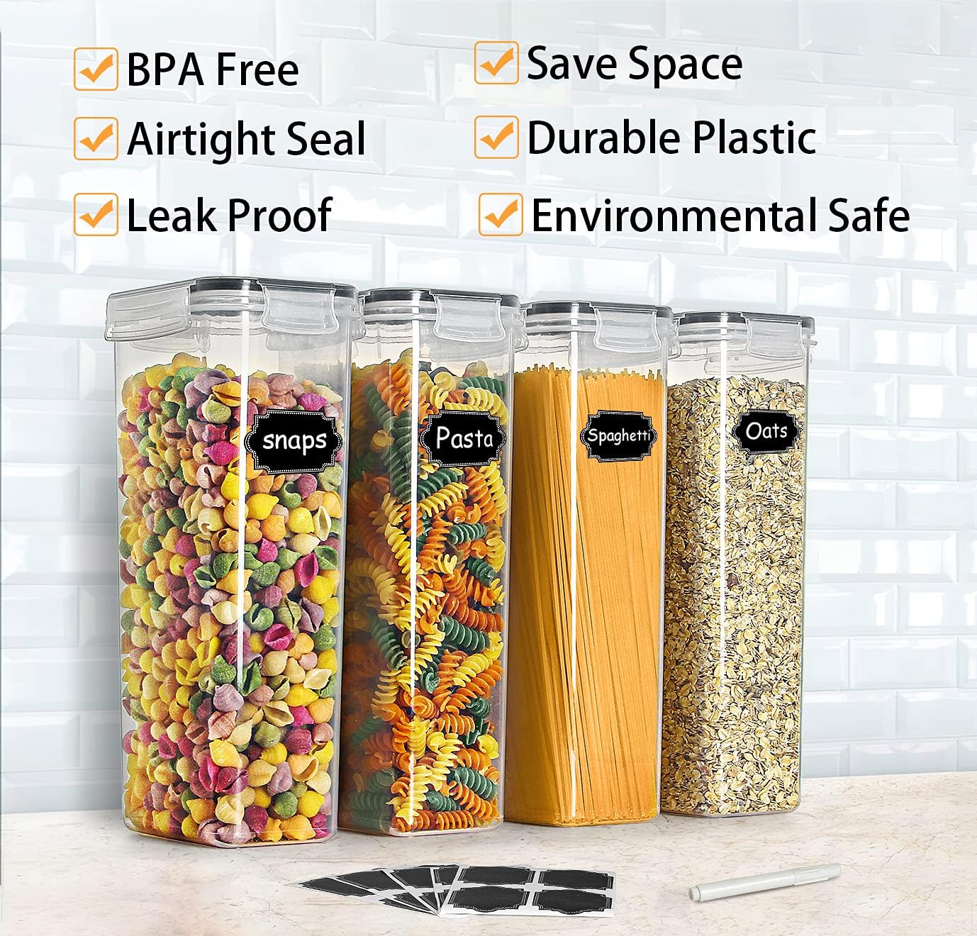 Airtight Food Storage Containers Set of 9 BPA Free Cereal & Dry Food Storage Containers 2.8L / 11.83 cups for Sugar, Flour, Snack, Baking Supplies, with 20 Chalkboard Labels & 1 Marker